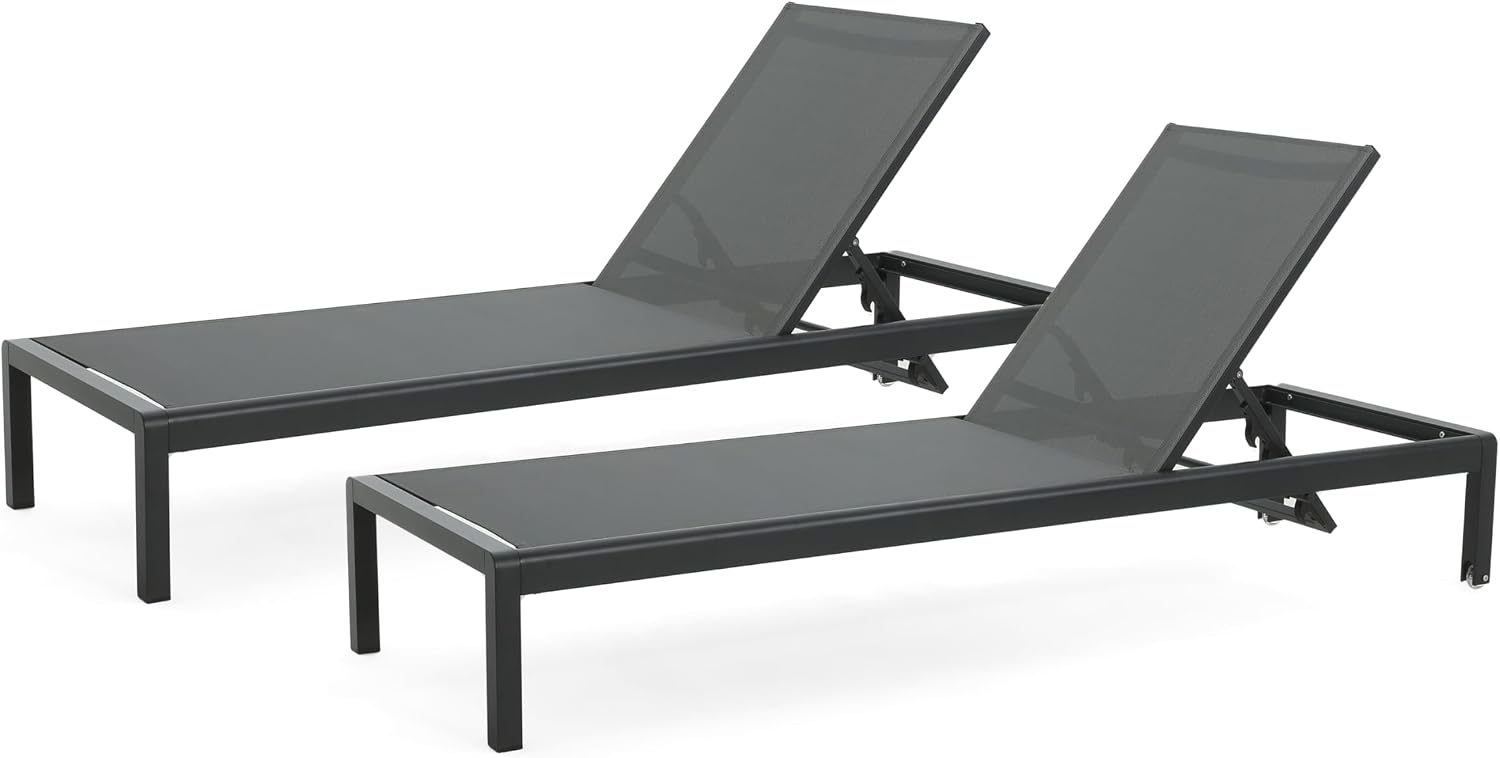 Outdoor Chaise Lounge Chair Set of 2, Aluminum Adjustable Outside Chair for Pool Patio Beach Yard, All Weather Use UV Resistant 400lbs Weight Capacity, Black