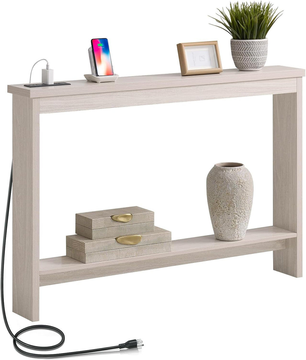 Console Table with Power Outlet and USB Port, 47" Long Behind Couch Table with Charging Station, Narrow Sofa Table for Entryway, Living Room, Foyer, Hallway, White Oak Grey