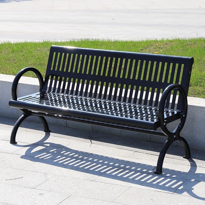 Park Benches Wrought Iron Park Chair Double Black Metal Outdoor Long Backrest Community Square Welded Seat with Outdoor Benches(120 x 61 x 83 cm)