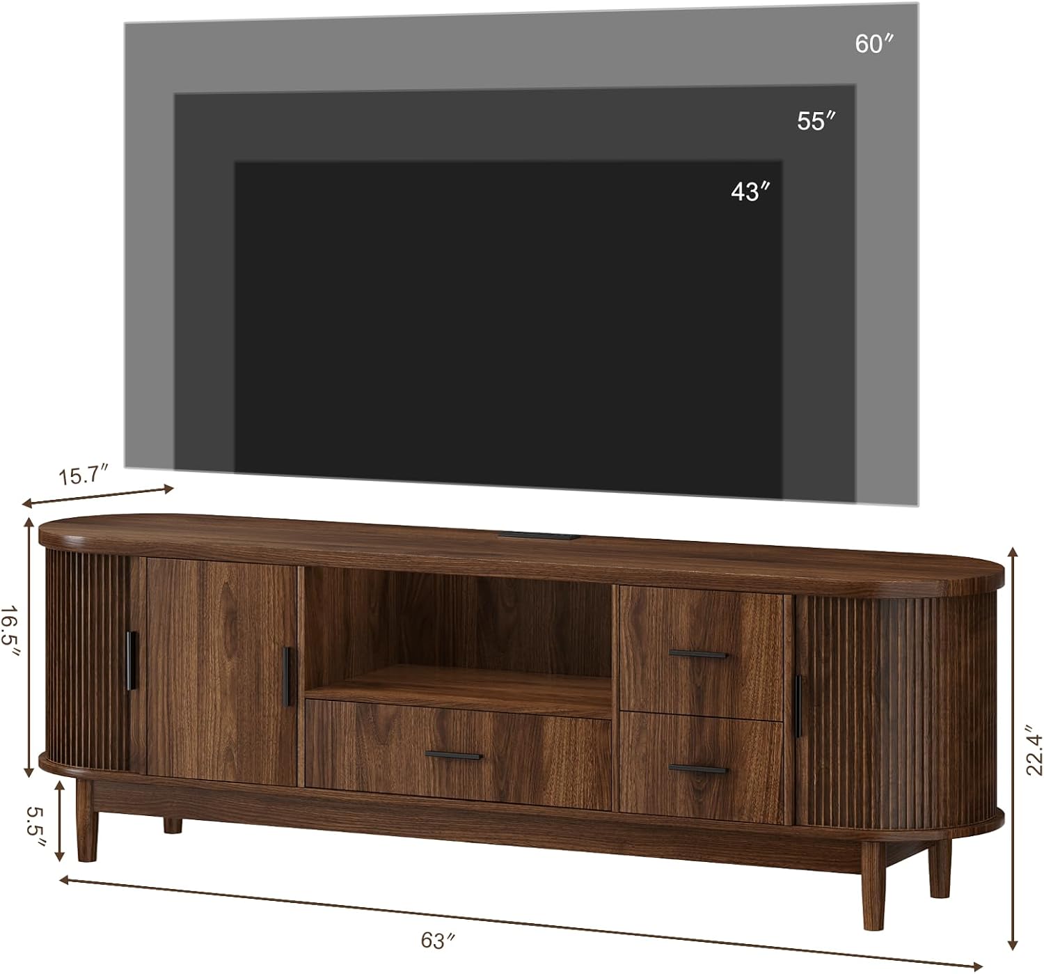Haewon 63" Mid Century Modern TV Stand for TVs up to 75 Inch, Wood Entertainment Center with LED Lights and Power Outlet, Modern TV Console with Fluted Sliding Doors for Living Room, Walnut