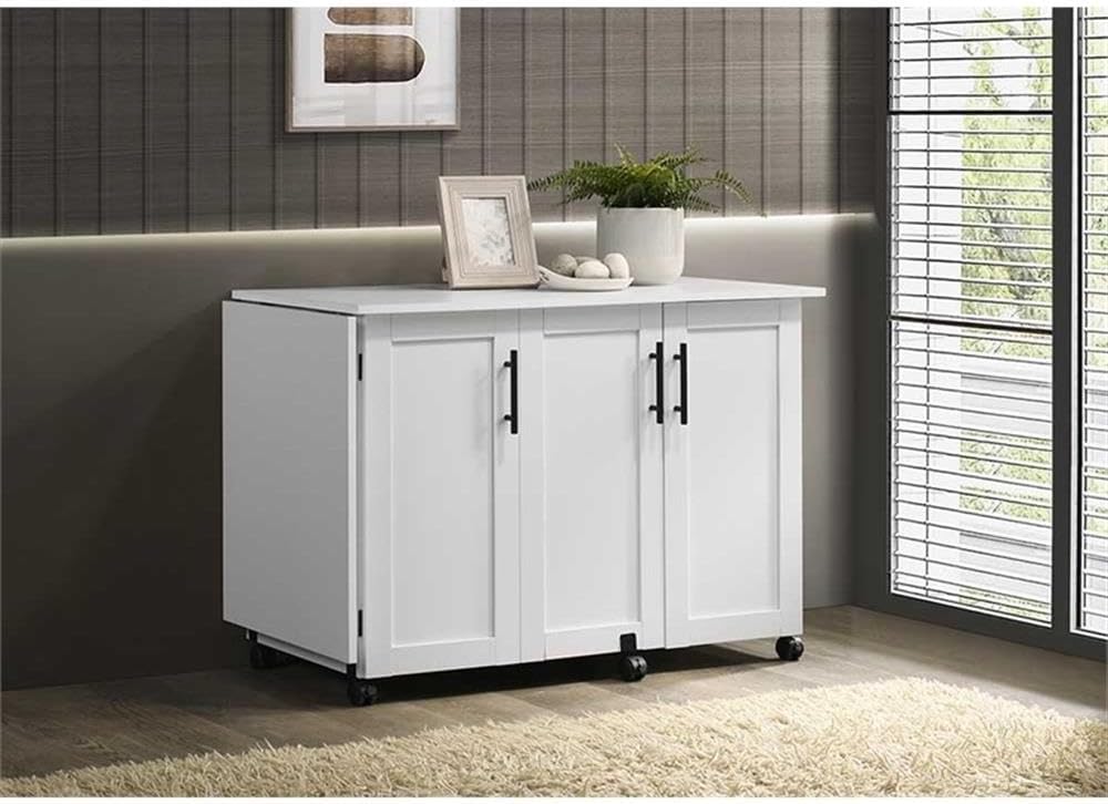 Pemberly Row White Rolling Kitchen Cart with Drop Leaf – Engineered Wood Storage Cart with Adjustable Shelves and Casters, 62.25" W x 19.5" D x 28.5" H
