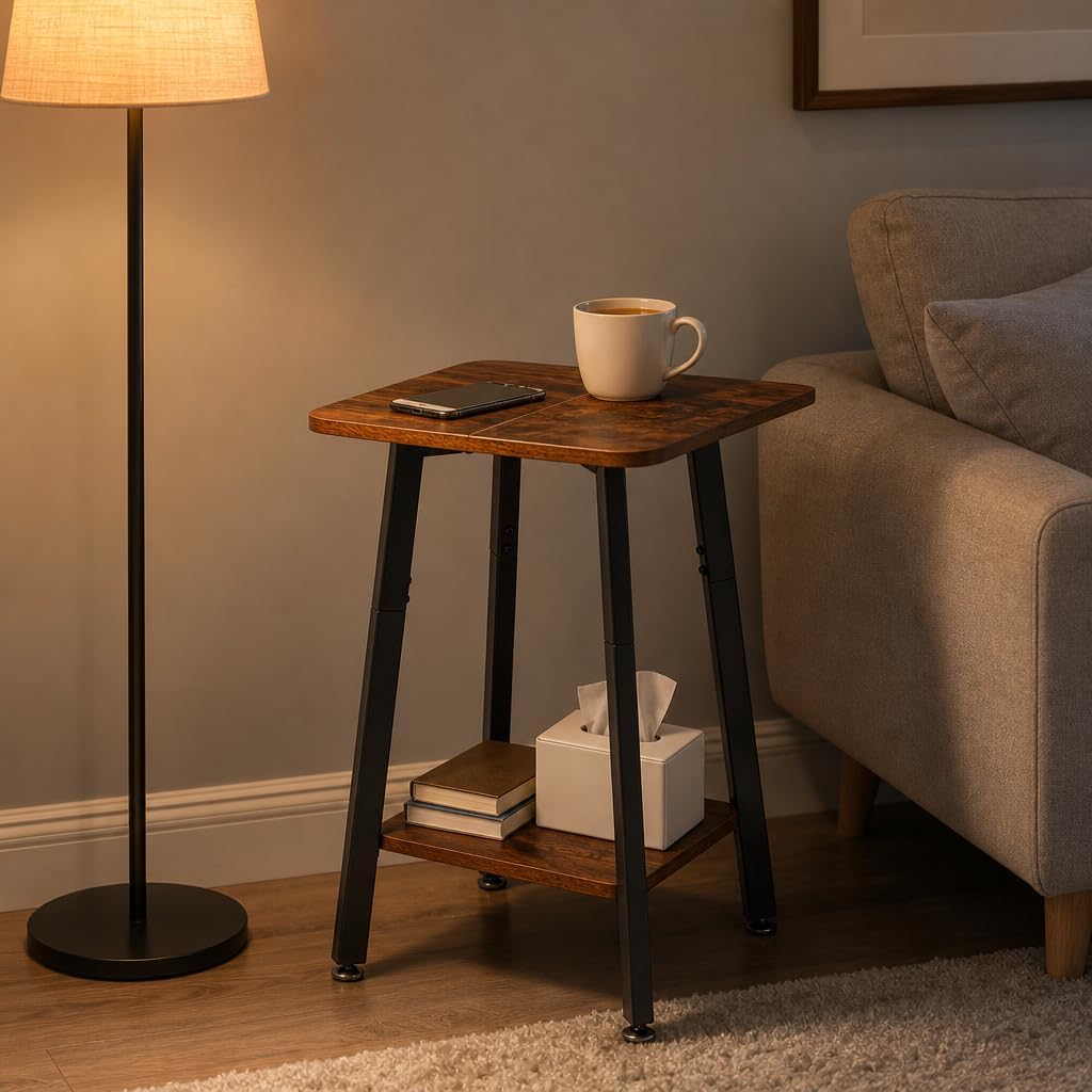 King Oasis 2-Tier Small Side Table for Living Room, End Table with Storage Shelf, Wood & Metal Bedside Table Nightstand for Small Spaces, Sturdy Sofa Side Table for Bedroom, Rustic Brown