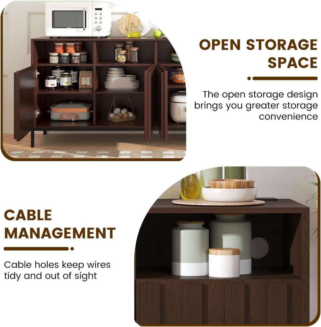 COCO DESIGN 70" Large Buffet Sideboard Cabinet with Power Outlets & Adjustable Shelves, Modern Farmhouse Accent Storage Credenza Console for Kitchen, Living Room, Walnut