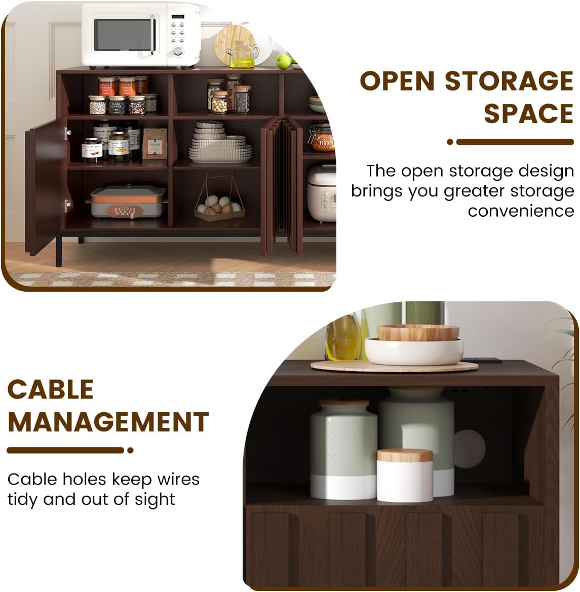 COCO DESIGN 70" Large Buffet Sideboard Cabinet with Power Outlets & Adjustable Shelves, Modern Farmhouse Accent Storage Credenza Console for Kitchen, Living Room, Walnut