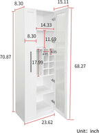 Kitchen Pantry Cabinet with 5-Tier Slim Mobile Shelving Cart, Narrow Pull-Out Utility Cart, Space Saving Storage Organizer Cabinet with Glass Door Wine Racks Cup Holder, Corner Pantry, Home Bar, White