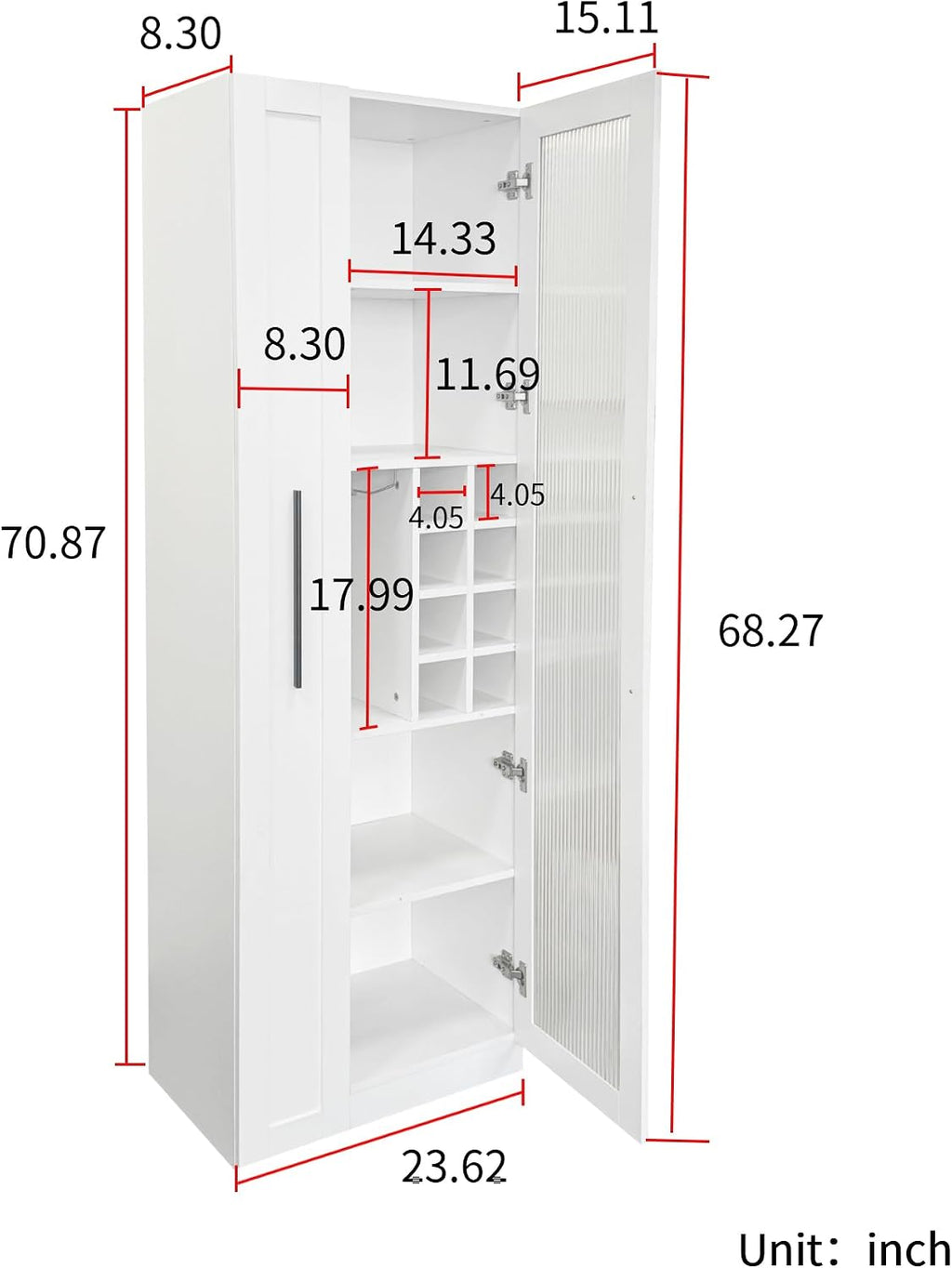 70.87" Multi-Functional Farmhouse Kitchen Pantry Cabinet with Pull-Out 5-Tier Storage Shelf & Glass Doors – Expandable Organizer for Kitchen, Dining Room, Bar & Office (Durable Melamine Finish)