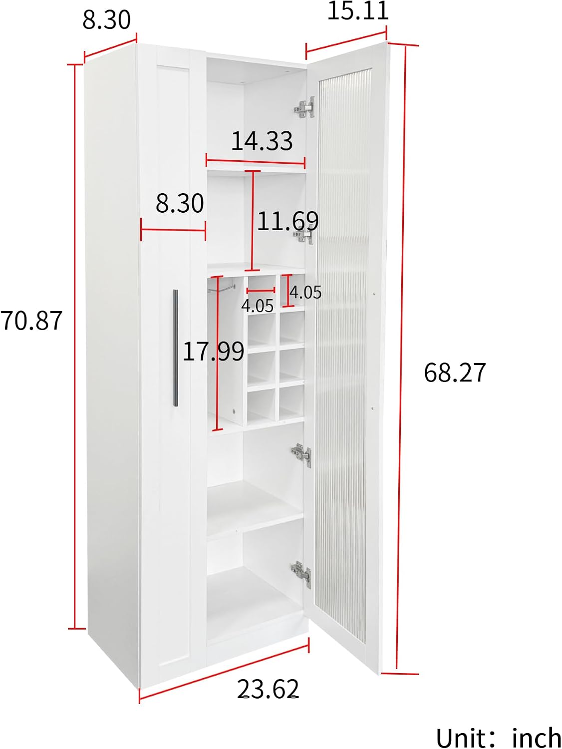 70.87" Multi-Functional Farmhouse Kitchen Pantry Cabinet with Pull-Out 5-Tier Storage Shelf & Glass Doors – Expandable Organizer for Kitchen, Dining Room, Bar & Office (Durable Melamine Finish)