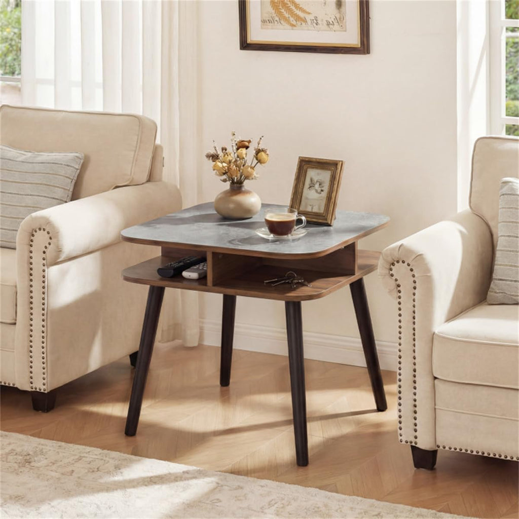 Faux Marble Side Table with 4-Sided Storage Shelves, 24" Square End Table with Rubber Wood Legs for Living Room Bedroom, Grey