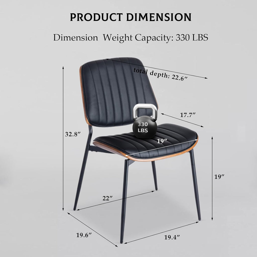 Dining Chairs Set of 6, Upholstered Mid-Century Modern Dining Room and Kitchen Chairs with Walnut Backrest,Retro Accent PU Leather Side Chairs with Metal Legs,Dark Black