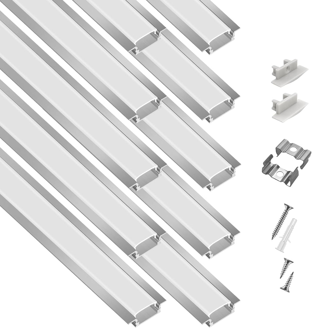 10-Pack 6.6ft/2Meter Silver Recessed LED Aluminum Channel for LED Strip Lights Diffuser Channel with Milky Cover End Caps and Mounting Clips, Flush Mounted LED Track for Ceiling Under Cabinet Closet.