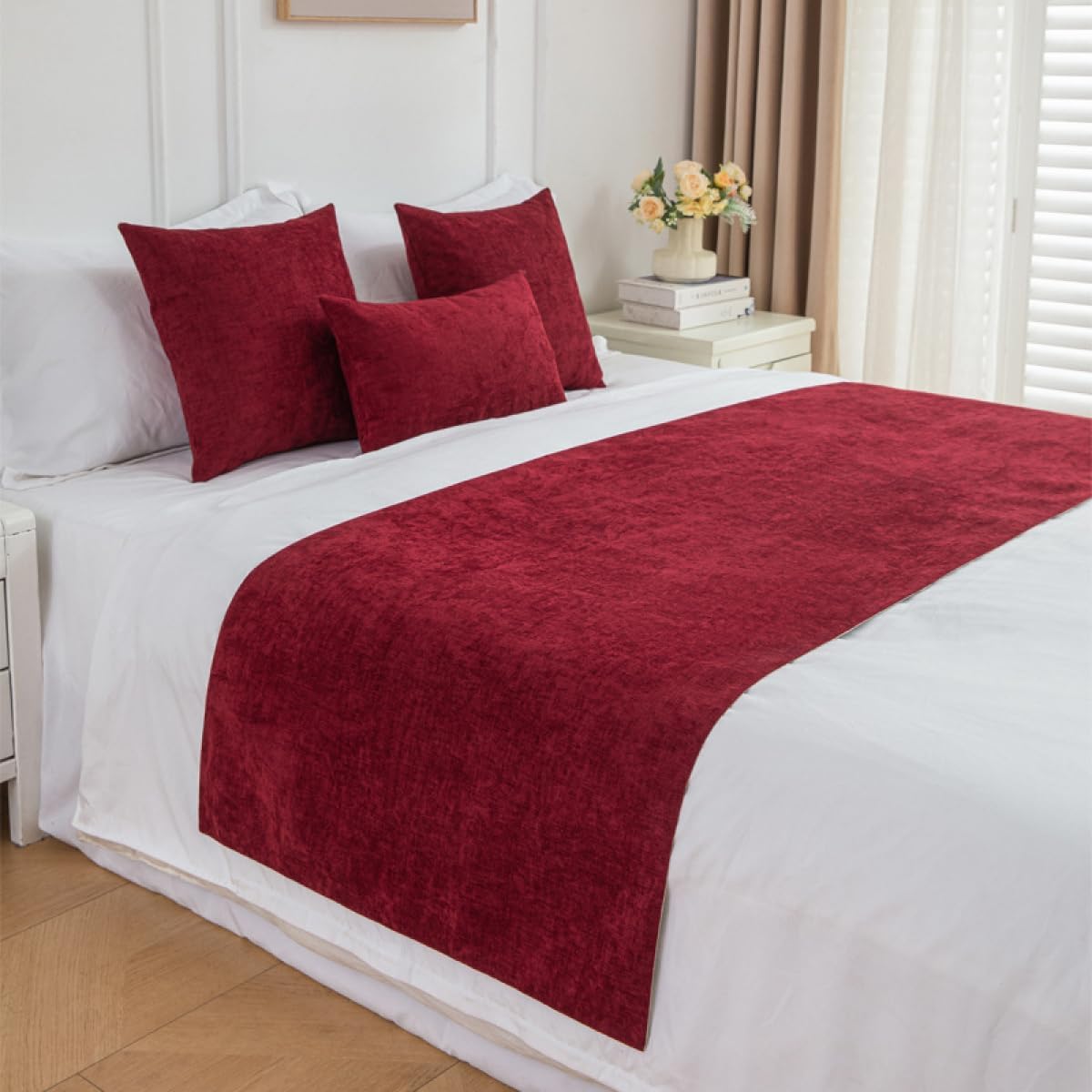 Chenille Bed Runner Soft Solid Color Bed Scarf for Twin Queen King Size Bed, Modern Minimalist, 12 Colors, 4 Sizes, Matching Pillow Covers Optional-White||2Pillowcase 30x50