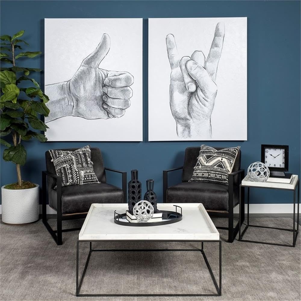 Pemberly Row Square White Marble and Black Metal End Table, 18 in x 18 in x 20 in, Raised Edges, Matte Black Base, Elegant Side Table for Living Room or Bedroom Decor