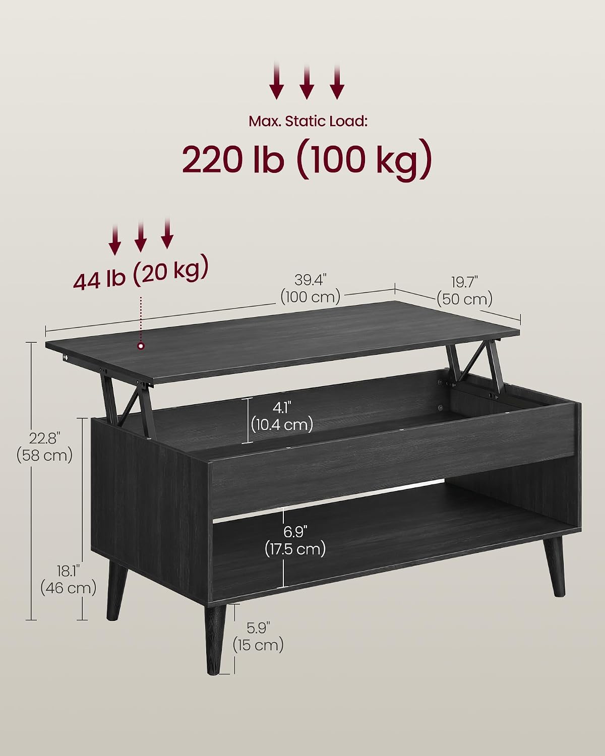 VASAGLE Lift Top Coffee Table, Lift Tabletop Dining Table, Gas Spring, Hidden Compartment, Open Storage Shelf, for Living Room, Home Office, Charcoal Gray ULCT268BA01S