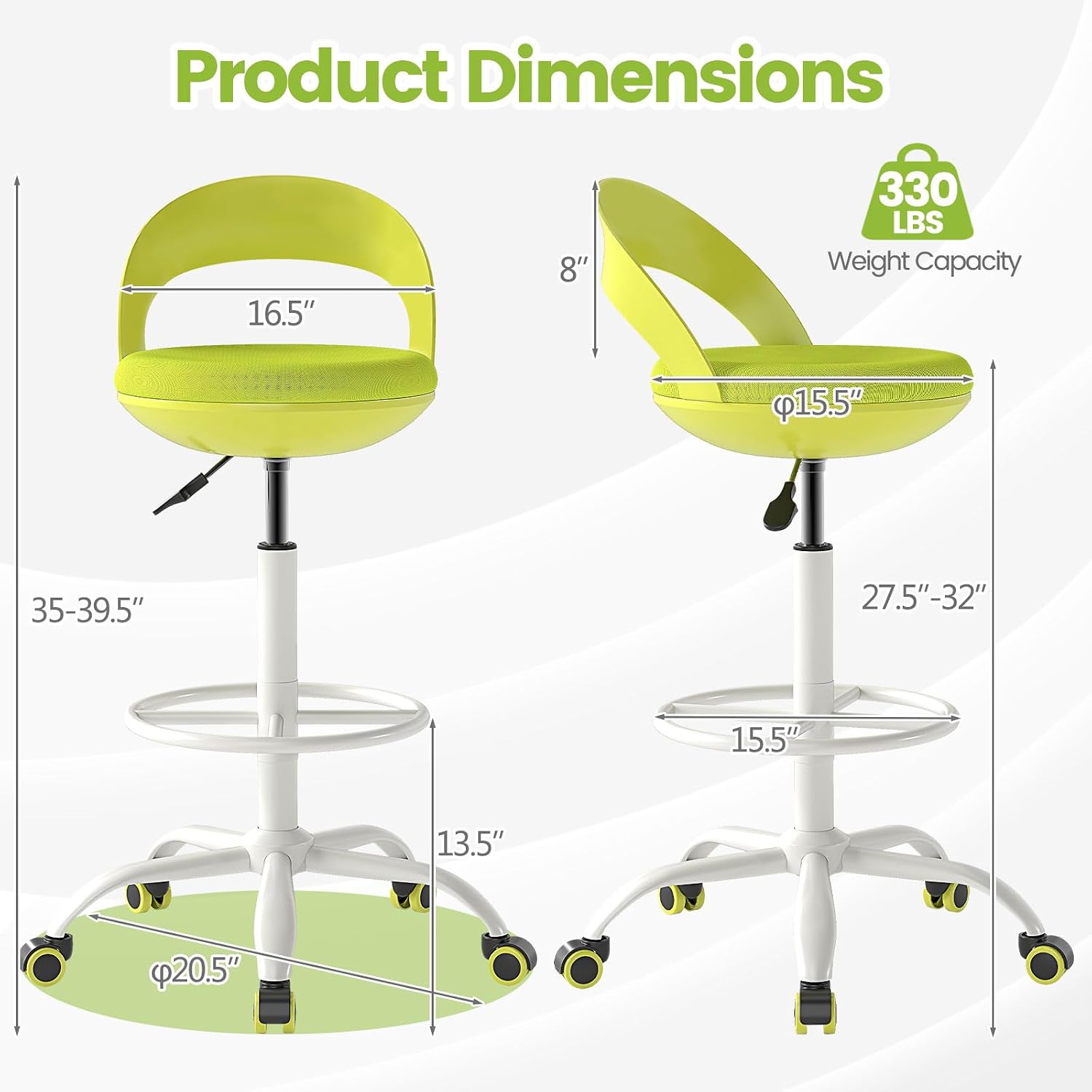 Giantex Drafting Chair with Back, Tall Office Chair with Footrest & Adjustable Height, Ergonomic Standing Desk Chair for Counter Height Desk, Home Kitchen, Green