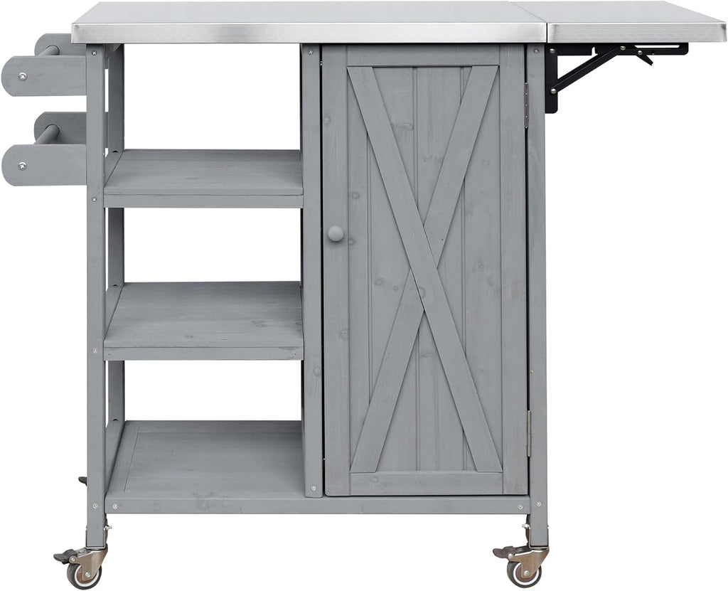 40 Sturdy Fir Wood Garden Table for Planting, Planter Bench with Foldable Top, Outdoor Storage Cabinets with Lockable Wheels for Patio Cooking, Grey