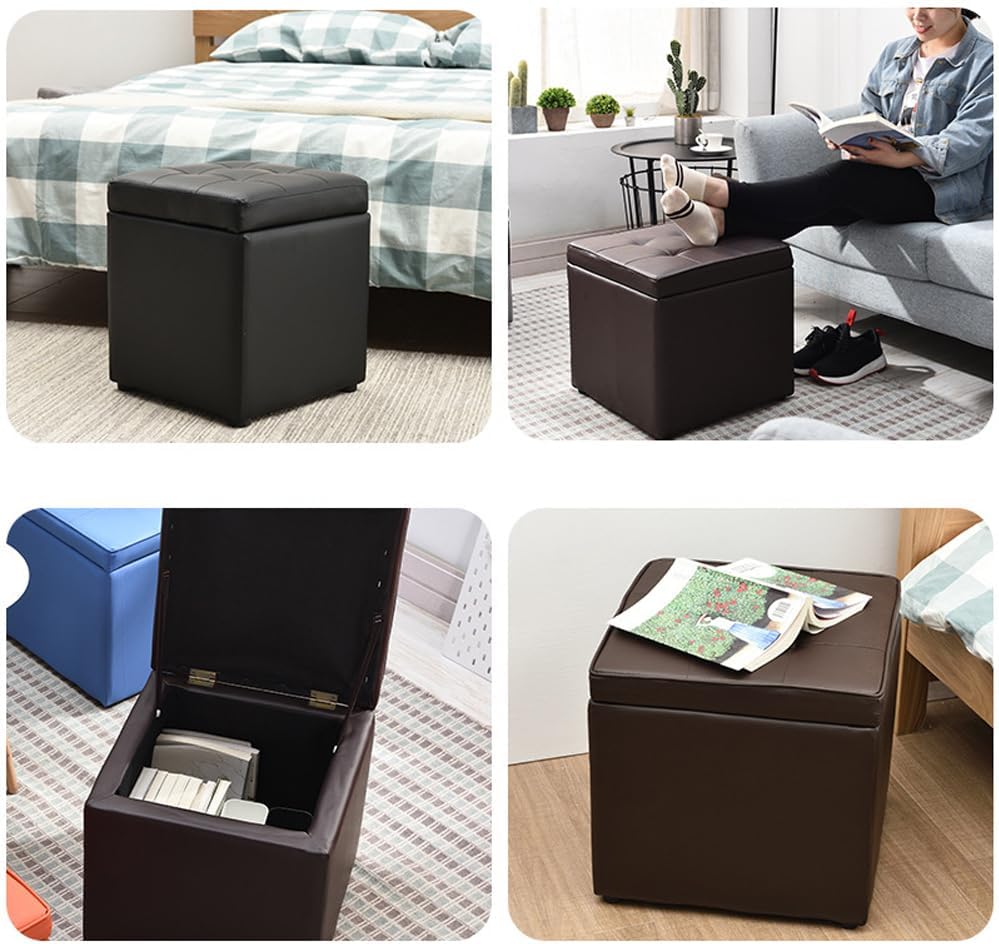 Square Ottoman Storage 12x12x14inch Small Cube Foot Rest Stool with Hinged Lid,Faux Leather Padded Seat Waterproof Toy Box for Living Room Bedroom (Pink)