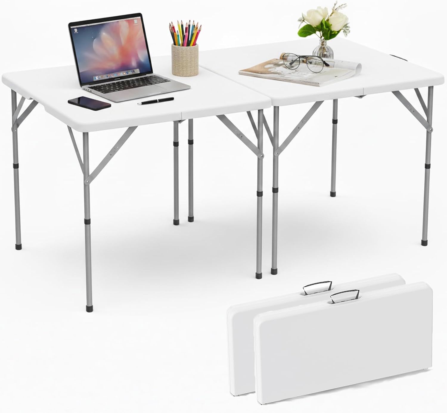 HLPB 34'' Square Folding Card Table 2 Pcs, Fold-in-Half Portable Dining Table with Handle and Safety Lock, Foldable Plastic Dining Table Indoor Outdoor for Camping, Picnic and Party Event, White