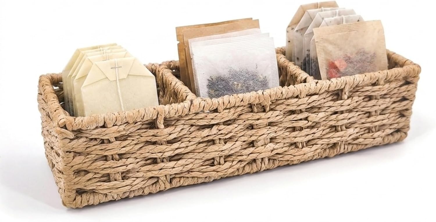 3-Compartment Braided Tea Bag Organizer For Countertop Or Drawer | drawer organizer, small tea coffee pod holder, country style, paper rope, basket, woven, storage bin
