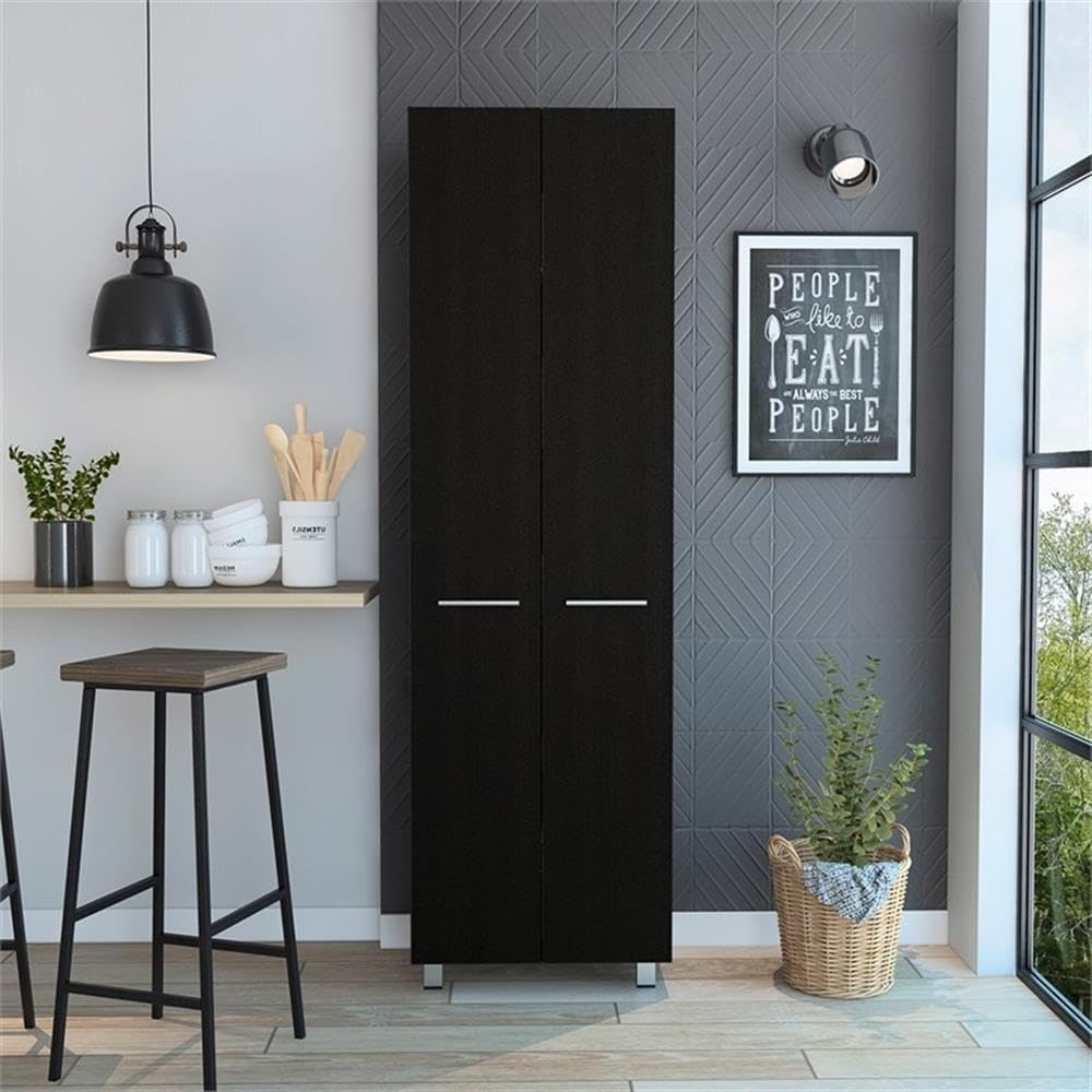 Pemberly Row 79" H Engineered Wood Double Door Pantry Cabinet, Black Finish, 23.3" W x 14.5" D x 78.7" H, 5 Interior Shelves, Metal Handles, Sleek Modern Storage for Kitchen or Home Organization