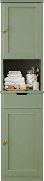 Walsunny Tall Bathroom Storage Cabinet with Freestanding Adjustable Shelves, Narrow Storage Linen Cabinet with 2 Doors and 1 Drawer for Bathroom, Living Room, Kitchen, Green