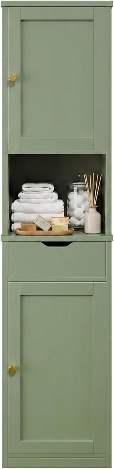 Walsunny Tall Bathroom Storage Cabinet with Freestanding Adjustable Shelves, Narrow Storage Linen Cabinet with 2 Doors and 1 Drawer for Bathroom, Living Room, Kitchen, Green