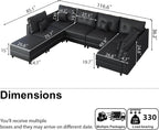 LLappuil Faux Leather Sectional 7-Seater Modular Sofa with Storage, Wide Deep Seat U Shaped Couch for Living Room, Office, Apartment, Rearranged, Waterproof & Easy Clean, Black