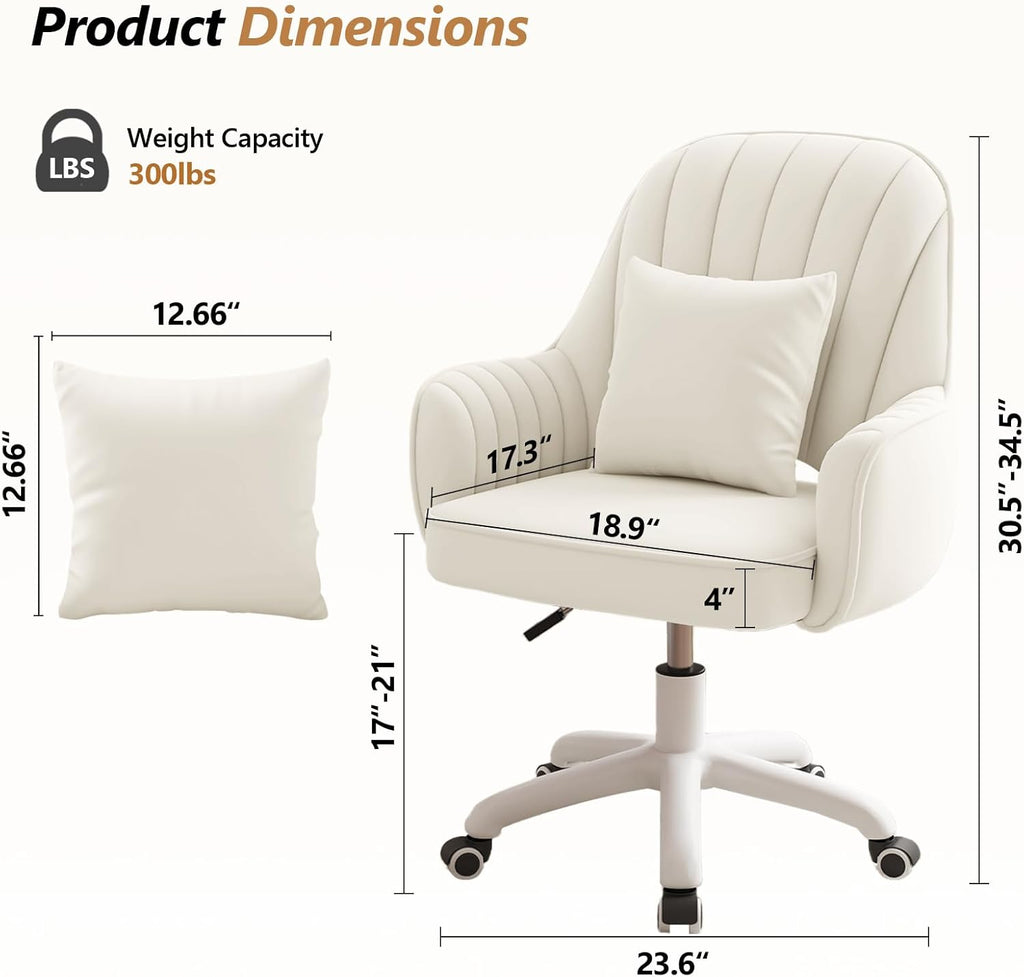 Mid-Back Velvet Desk Chair, Height Adjustable Swivel Vanity Chair with Wheels, Rolling Accent Chair for Home Office, Bedroom, Living Room, Cream
