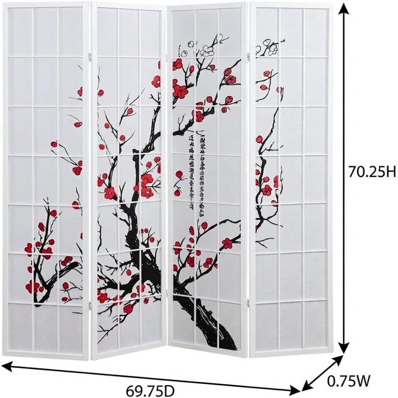 FurniFact White 4-Panel Wood Room Divider, Folding Privacy Screen, Fabric Panels, Floral Print, Oriental Style, 70 Inch, Freestanding