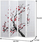 FurniFact White 4-Panel Wood Room Divider, Folding Privacy Screen, Fabric Panels, Floral Print, Oriental Style, 70 Inch, Freestanding