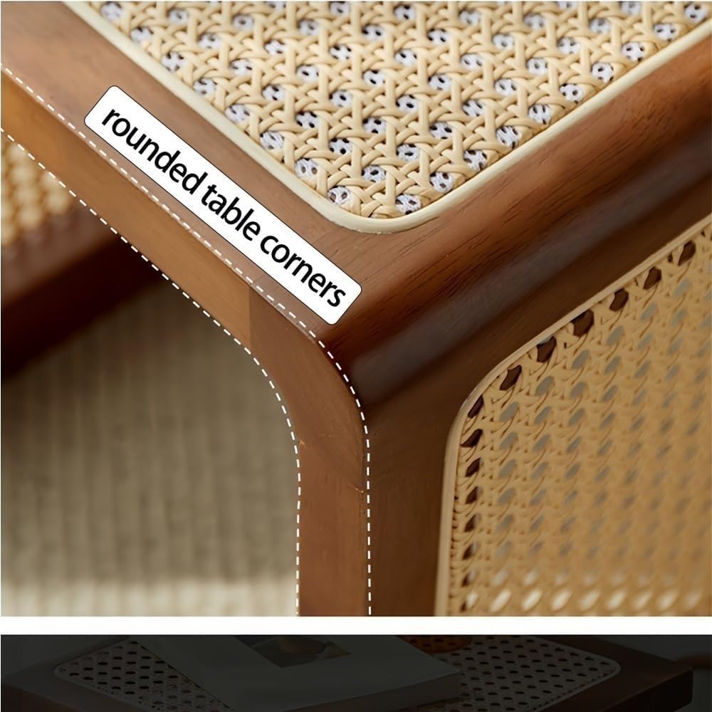 Square Rattan Side Table Modern Small Wooden Coffee Table Wood and Hand-Woven Rattan End Table Nightstand for Living Room Long Lasting