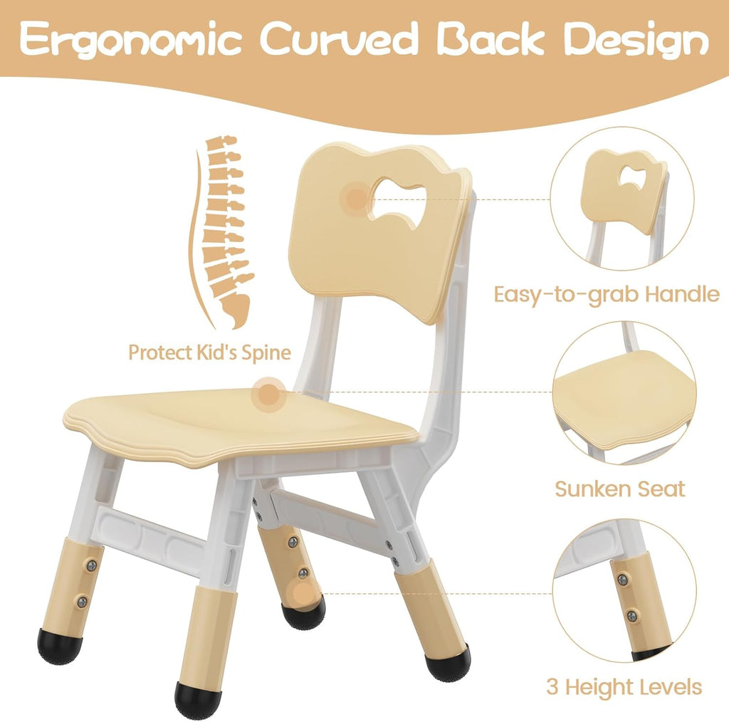 2 Pack Adjustable Kids Chair, 3 Height Levels Plastic Toddler Chair with Non-Slip Feet, 220lbs Load Capacity, Indoor Outdoor Home Kindergarten Chair for 3-8 Years Old-Natural