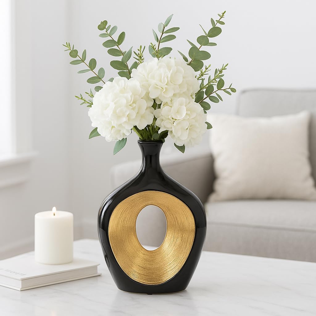 Ceramic Vase - Decorative Flower Holder for Table Decor and Centerpieces, Living Room, Office, or Entry Console, Modern Home Decor, Hollow Centerpiece Sculpture – 13", Black and Gold Finish