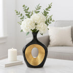 Ceramic Vase - Decorative Flower Holder for Table Decor and Centerpieces, Living Room, Office, or Entry Console, Modern Home Decor, Hollow Centerpiece Sculpture – 13", Black and Gold Finish