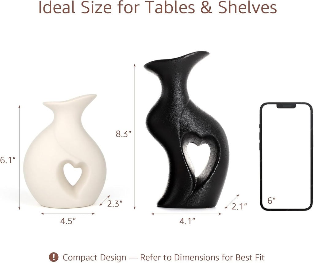 Ceramic Vase Hollowed Heart Flower Vase Set for Modern Nordic Boho Home Decor, Aesthetic Decor for Table Centerpiece, Wedding, Living Room, Bookshelf, Office, Entryway, (Matte)