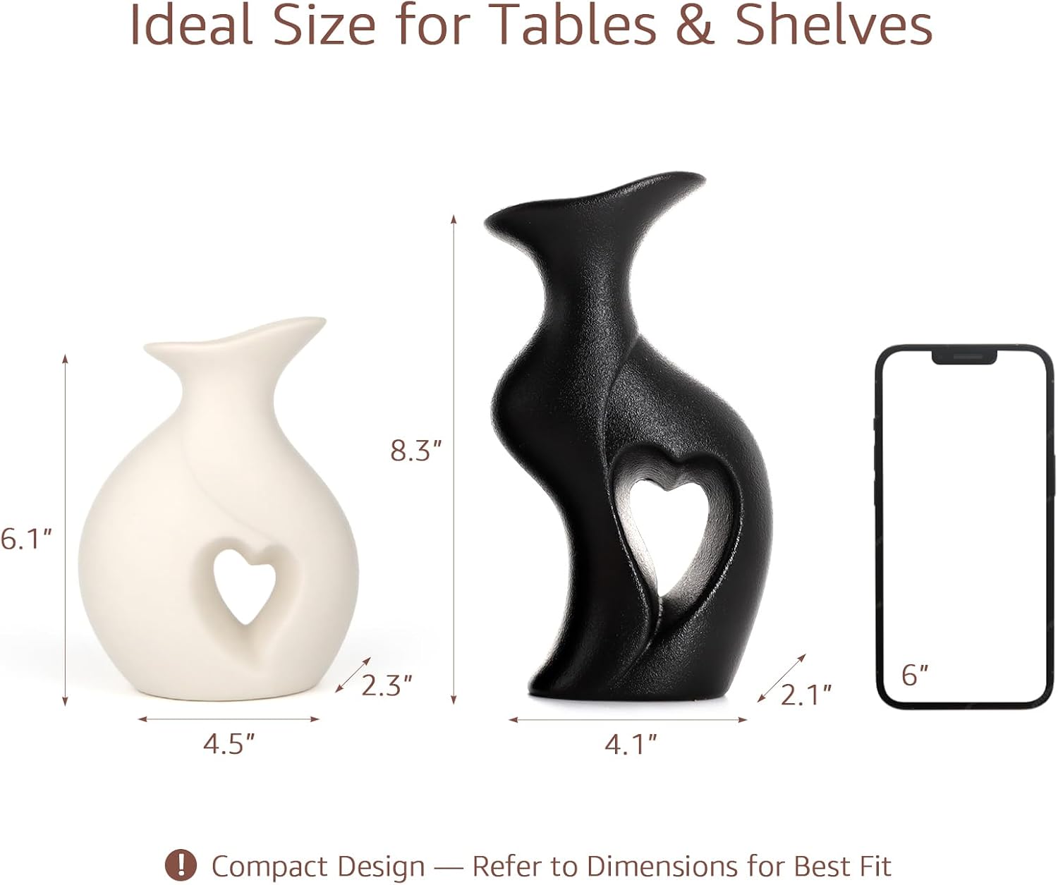 Ceramic Vase Hollowed Heart Flower Vase Set for Modern Nordic Boho Home Decor, Aesthetic Decor for Table Centerpiece, Wedding, Living Room, Bookshelf, Office, Entryway, (Matte)