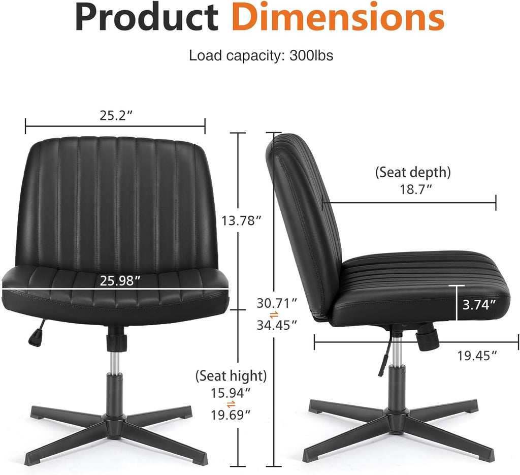 Sweetcrispy Criss Cross Chair Legged, PU Leather Armless Office Swivel Desk Chairs No Wheels, Vanity Height Adjustable Wide Seat Faux Leather Computer Task Chair for Home Bedroom, PU-Black