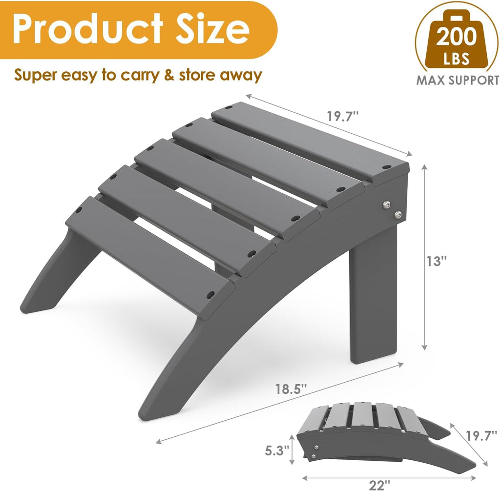 IVY&LANE Outdoor Adirondack Ottoman | Set of 2 | Folding | HDPE | Grey | Waterproof Patio Footrest for Adirondack Chair | Poly Lumber Foot Rest for Deck Backyard Patio