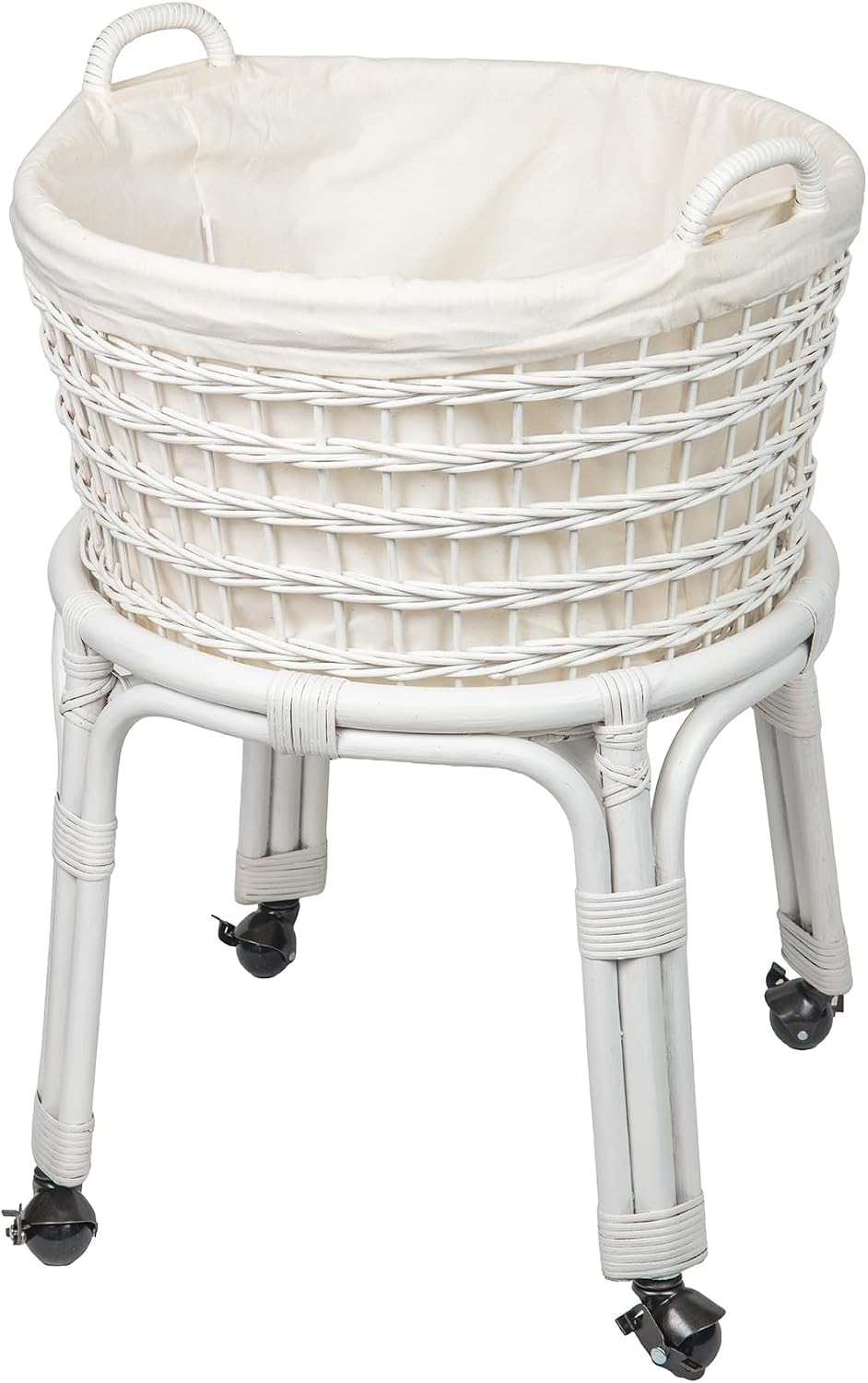 KOUBOO Rolling Wicker Laundry Basket, Handwoven Wicker Hamper with Removable Cotton Liner, Stand, & Locking Caster Wheels (White)