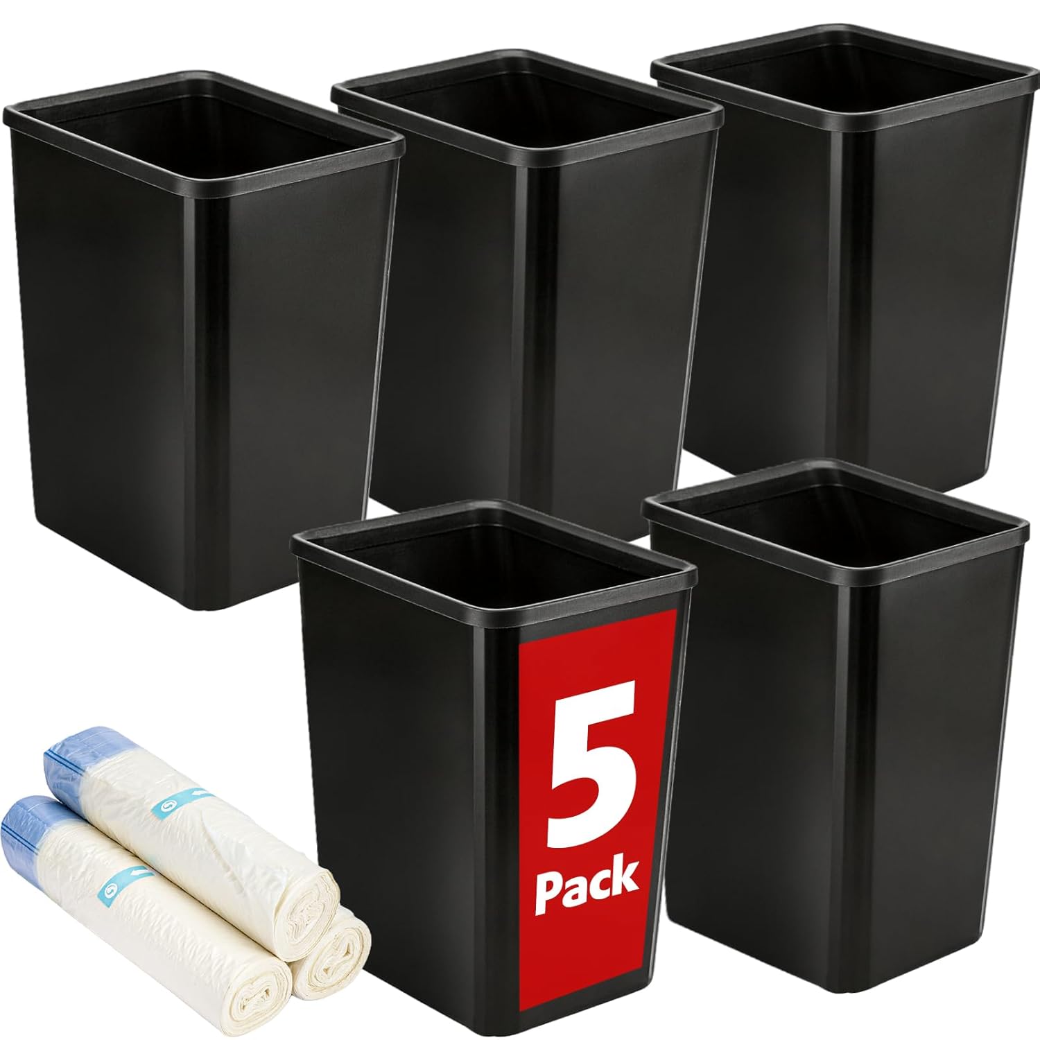 5 Pack Small Trash Can, Plastic Wastebaskets, 3.5 Gallon Small Garbage Can for Bathroom, Bedroom, Kitchen, Offices, Black
