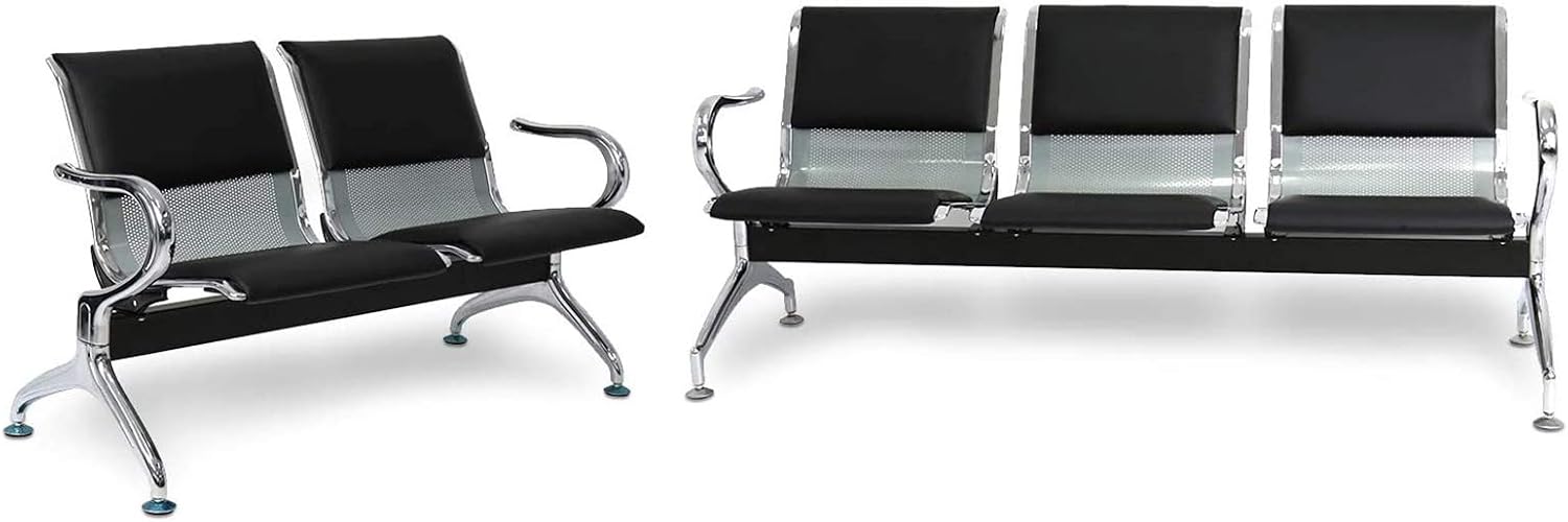 Peach Tree Reception Chairs Waiting Room Chair with Black Leather, Lobby Chairs for Reception Room, Office, Airport Reception Bench (5 Seat, Black)