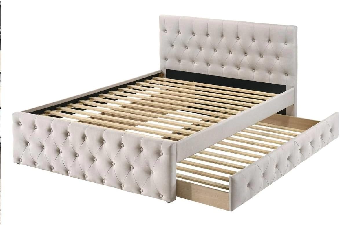 Contemporary Twin Size Bed w, Trundle Slats Light Brown Burlap Upholstered Tufted Headboard Footboard Youth Bedroom Furniture Wooden Slats 1pc Bed