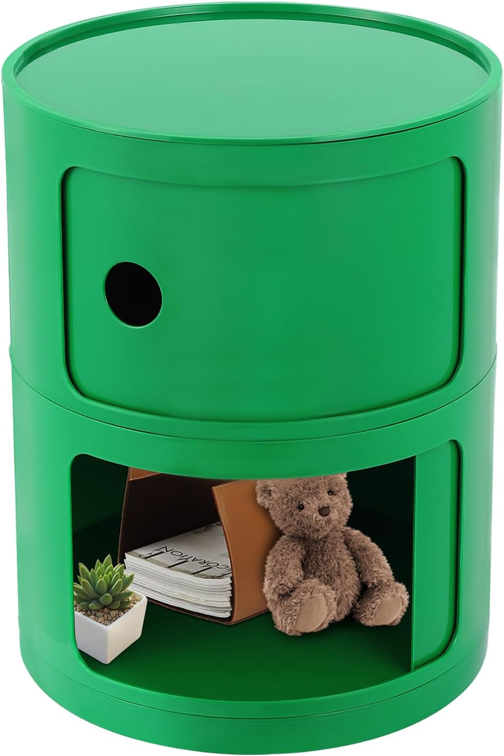 2 Tier Circular Nightstand, Circular Side Table with Storage, Round Cabinet End Table, Sliding Door Design, 88Lbs Load Capacity, Bedroom Living Room Organizer, Modern Green ABS Material, 12.5x15.7 in