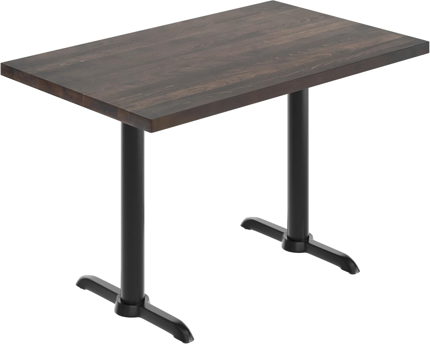 Flash Furniture Bennett 30" x 48" Solid Wood Commercial Indoor Tabletop in Dark Brown with Dual 5" x 22" Dining Height Black Cast Iron T Bases, 400 lb. Static Capacity