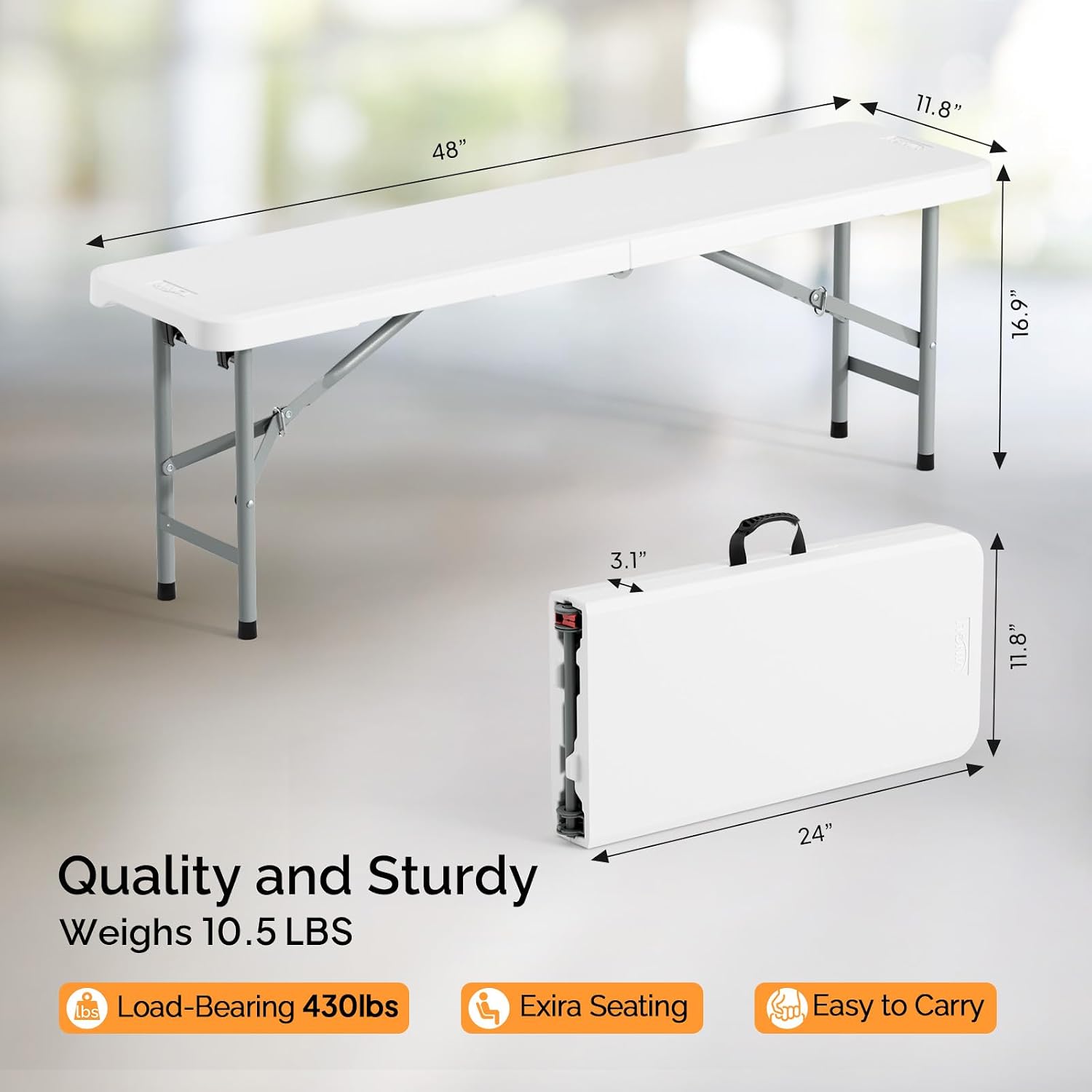 VINGLI 4 feet Plastic Folding Bench,Portable in/Outdoor Picnic Party Camping Dining Seat, Garden Soccer Multipurpose Entertaining Activities, Smooth HDPE Tabletop (2, White, 4ft)