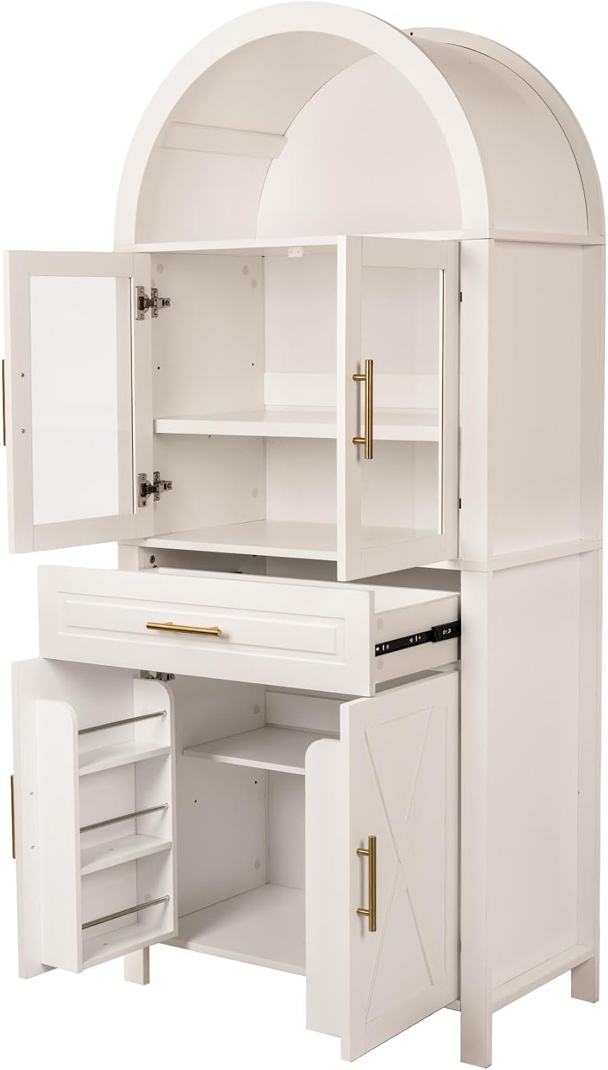 71" Tall Arched Farmhouse Pantry Cabinet with Glass Barn Door, Adjustable Shelves & Storage Racks, Rustic Freestanding Kitchen Cabinet for Living Room, Dining Room, Entryway, White