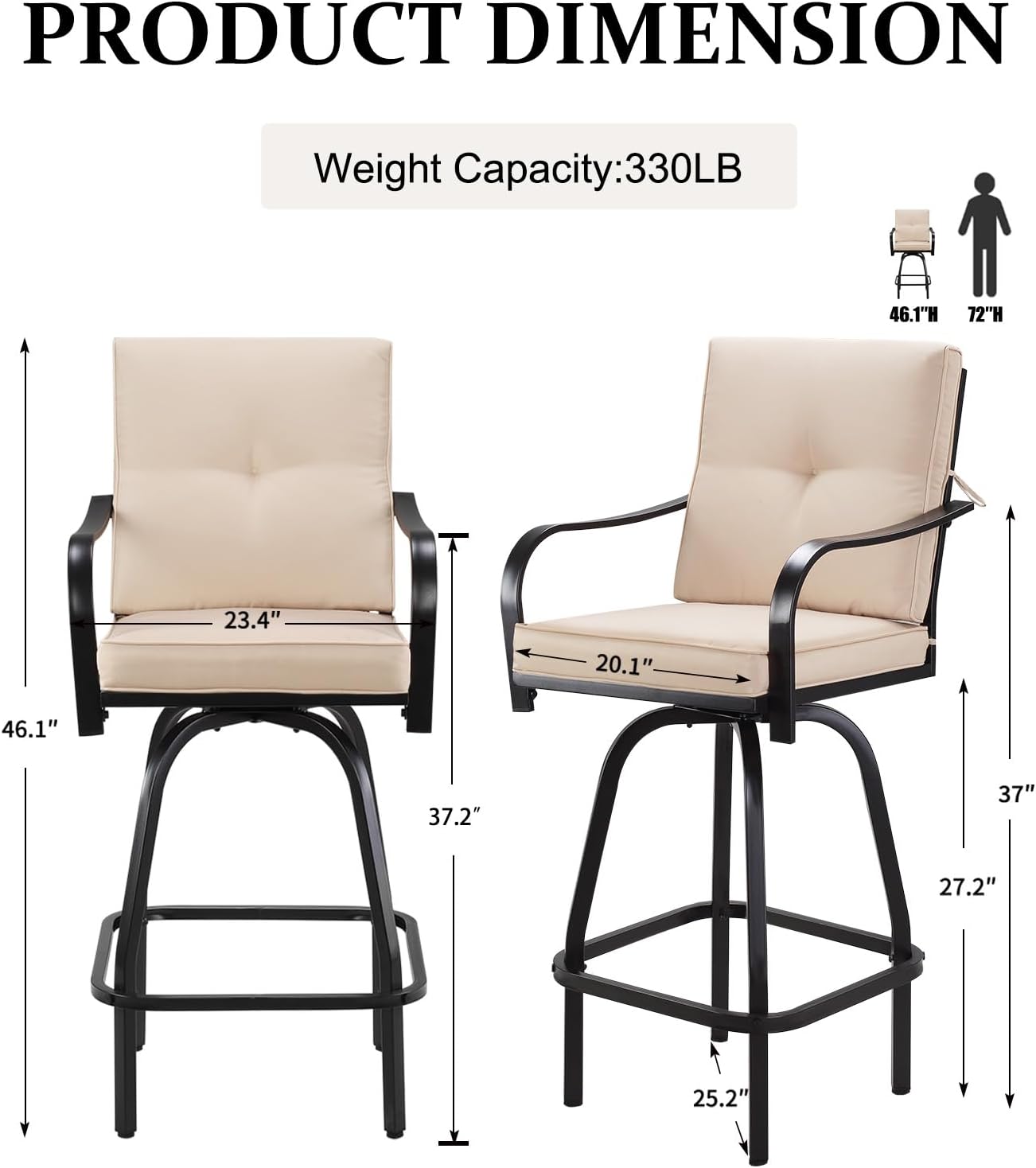 Patio Swivel Bar Stools, Outdoor Bar Height Swivel Chairs Set of 2 with Cushion & All Weather Steel Frame for Backyard, Lawn, Poolside and Balcony, Beige