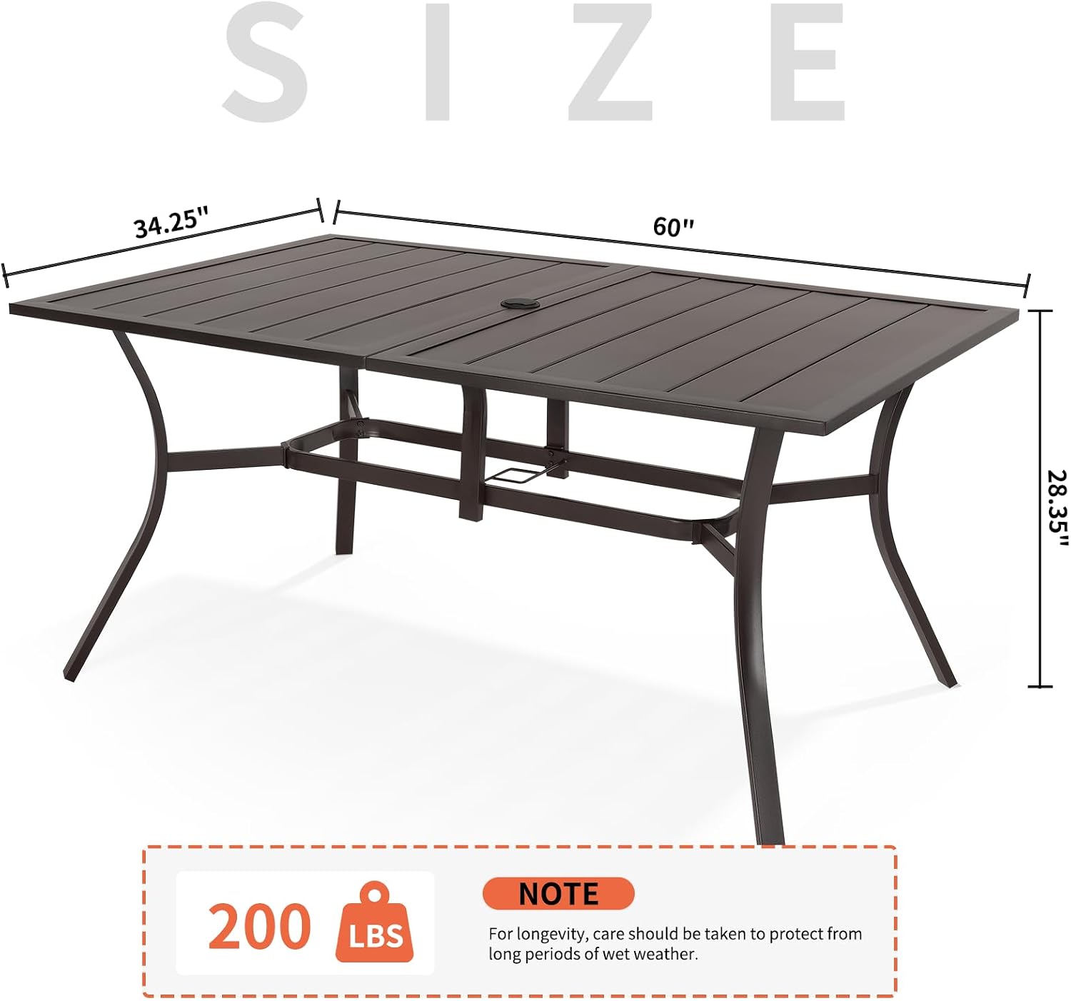 Outdoor Metal Steel Rectangle Patio Dining Table, 6 Person Patio Table with Adjustable Umbrella Hole, Weather-Resistant for Garden Backyard Porch, Dark Brown