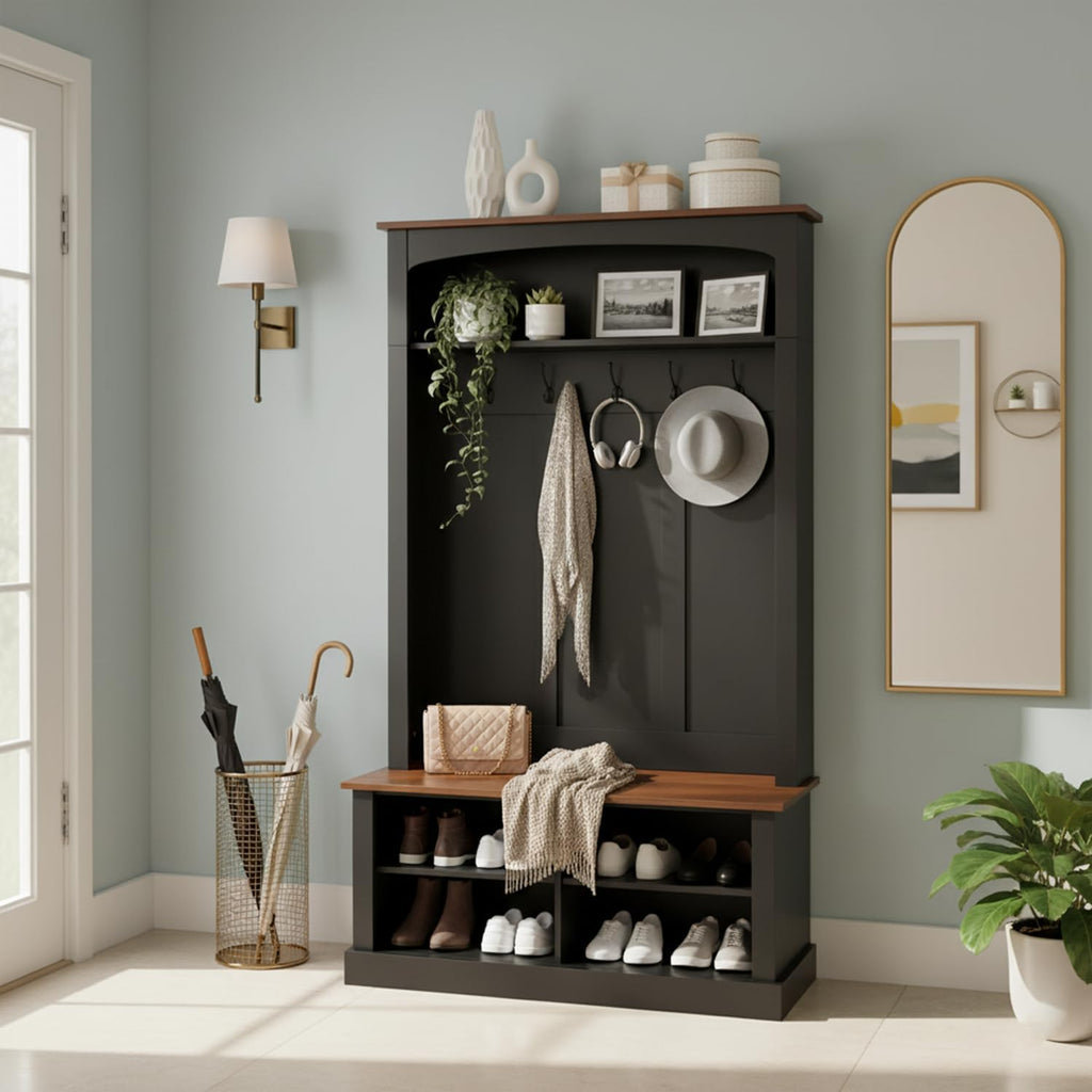 holzart 40.2" Wide Farmhouse Hall Tree with Bench, Entryway Coat Rack & Shoe Storage Cabinet with 5 Hooks, 71" Tall Mudroom Furniture with Adjustable Shelves for Hallway, Foyer, Black