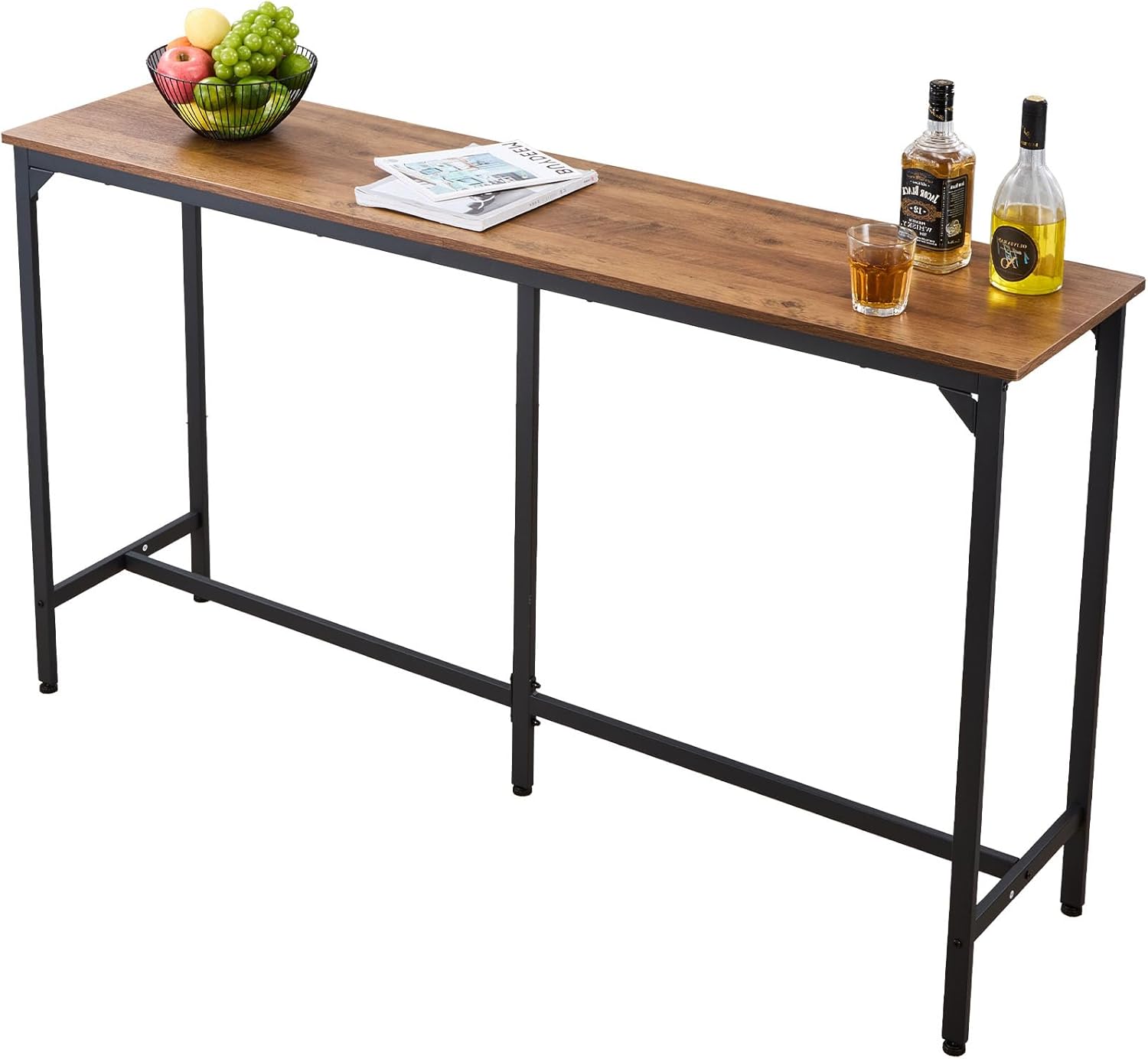 VEVOR Bar Table, Sturdy Metal Frame High Top Pub Table, Small Kitchen Dining, Cocktail Coffee Counter Bar Height Desk, Easy to Assemble, 63x16x36 in, for Living Room Party, Brown