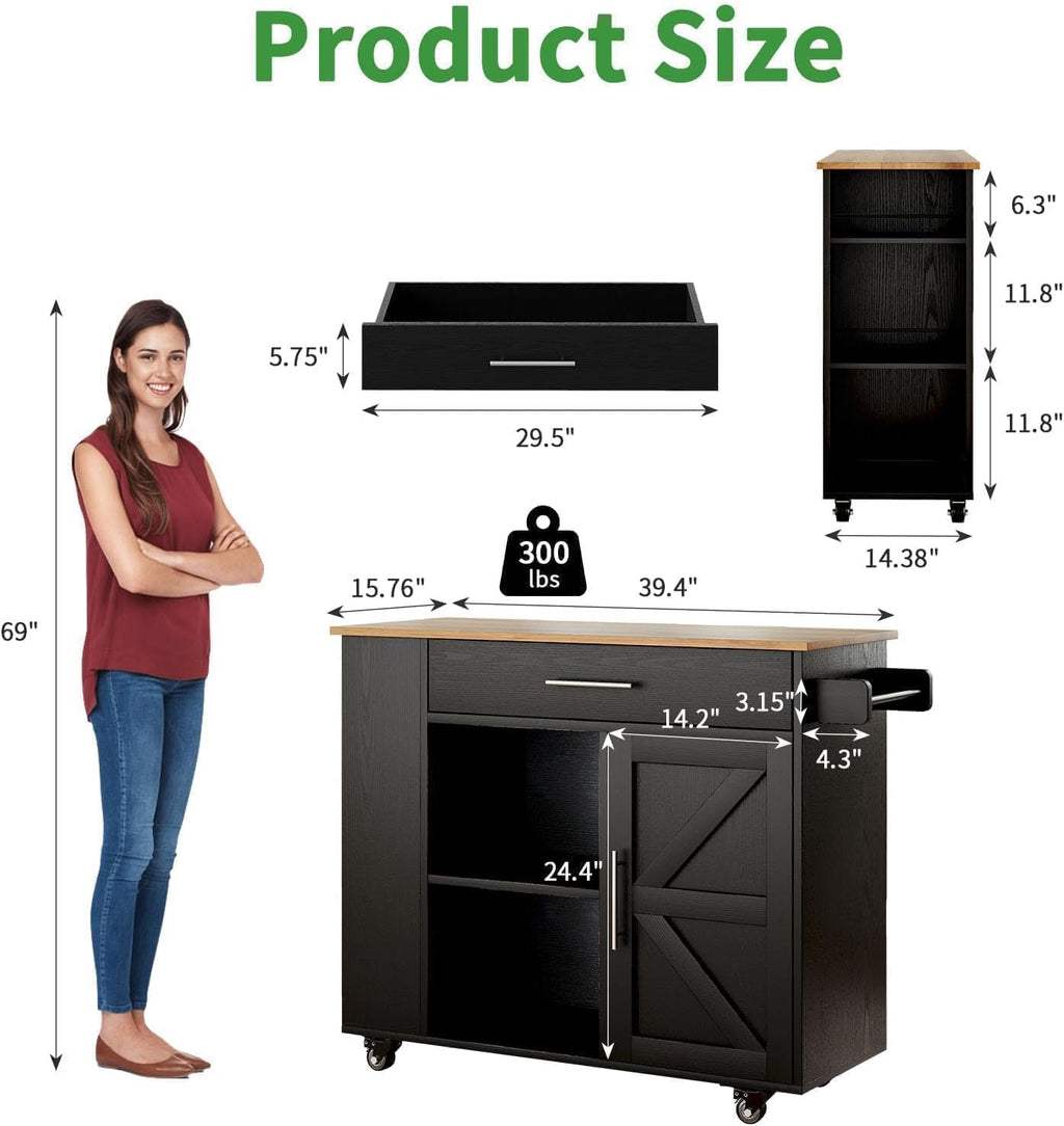 4 EVER WINNER 39" Rolling Kitchen Island with Storage and Drawer, Farmhouse Kitchen Island on Wheels with 3-Tier Spice Rack, Adjustable Shelf & Towel Rack, Mobile Kitchen Cart for Small Space, Black